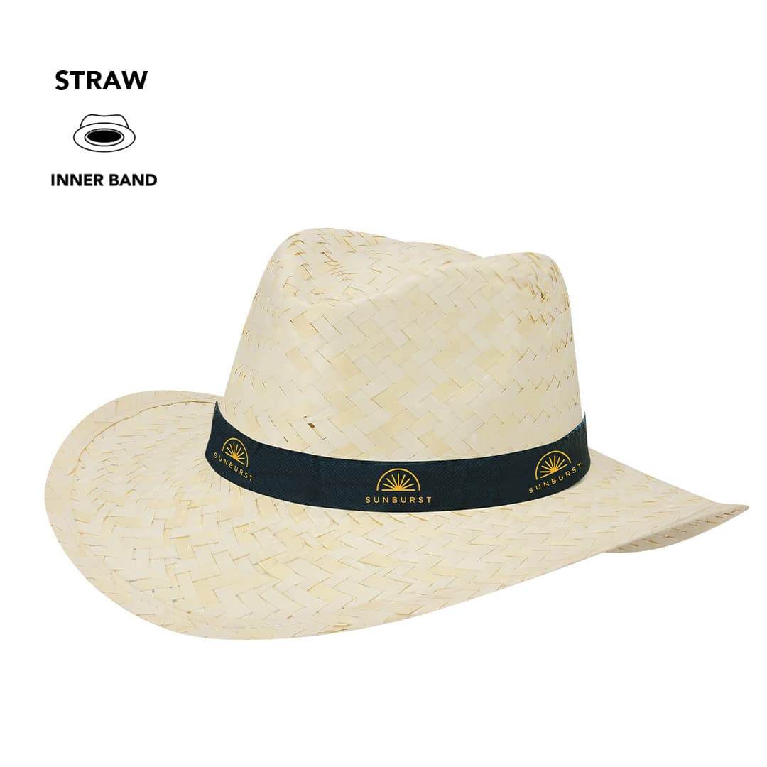 A straw hat in a light cream colour, featuring a contrasting dark band with a logo. Rusnak Hat - Image 1