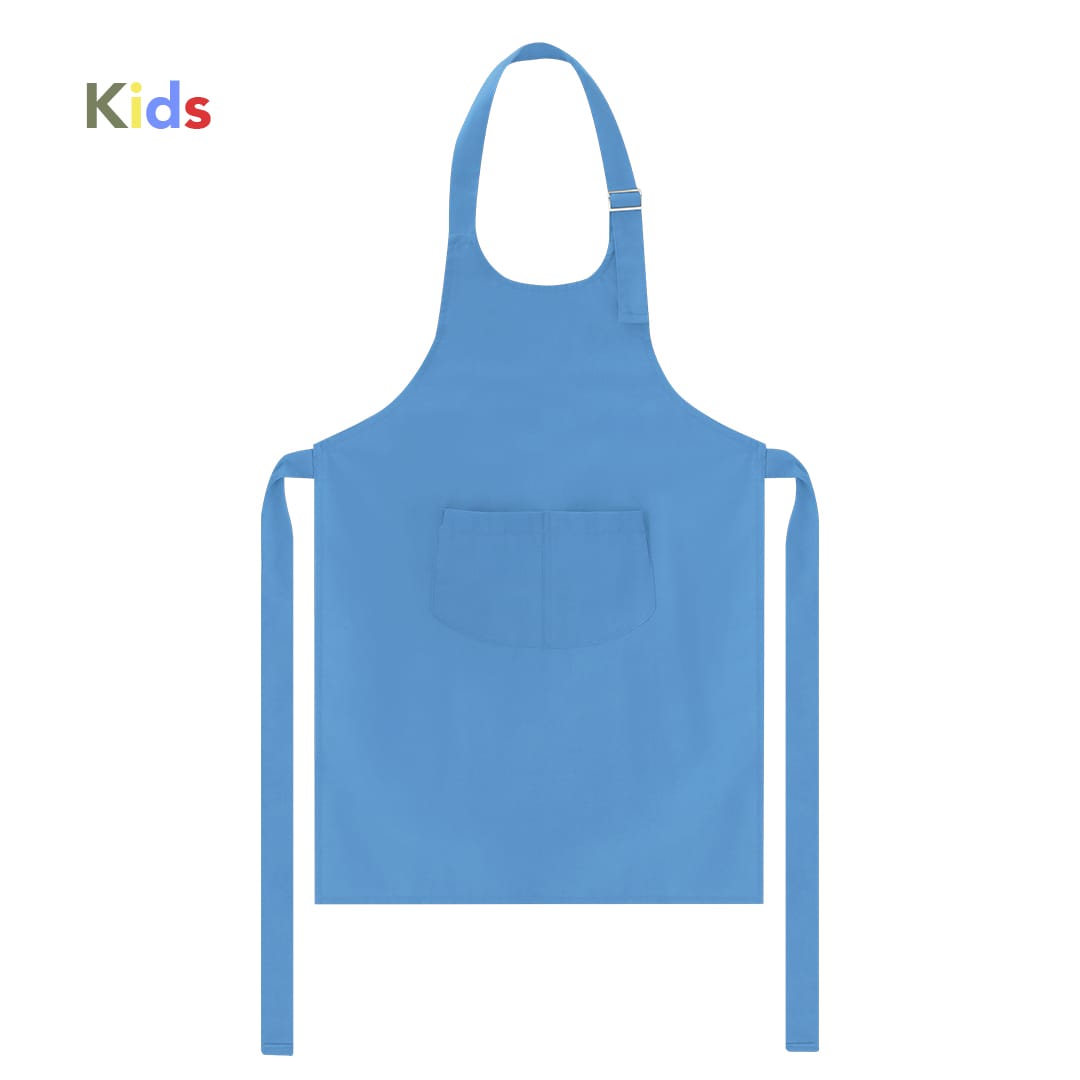 A blue children's apron with a pocket and adjustable straps, featuring a logo. Jeizon Apron - Image 1