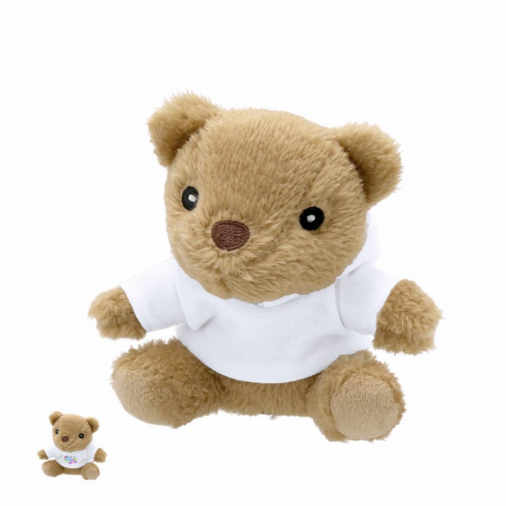 A plush bear in light brown with a white hoodie, sitting upright alongside a smaller version. Glik - Image 1