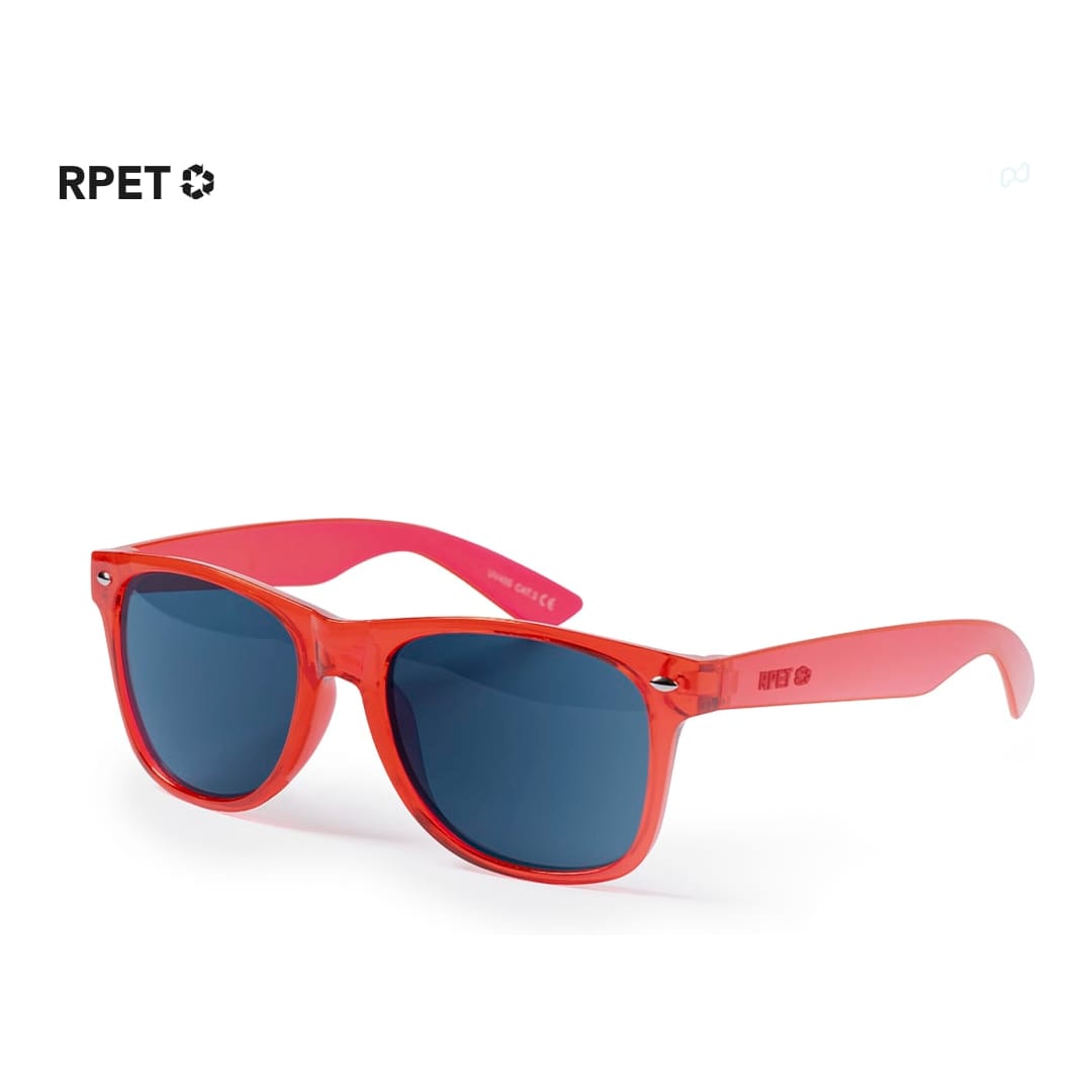Red sunglasses with pink arms and blue lenses, featuring a logo on one side. Ideal for leisure and outdoor activities. Skubic Sunglasses - Image 1