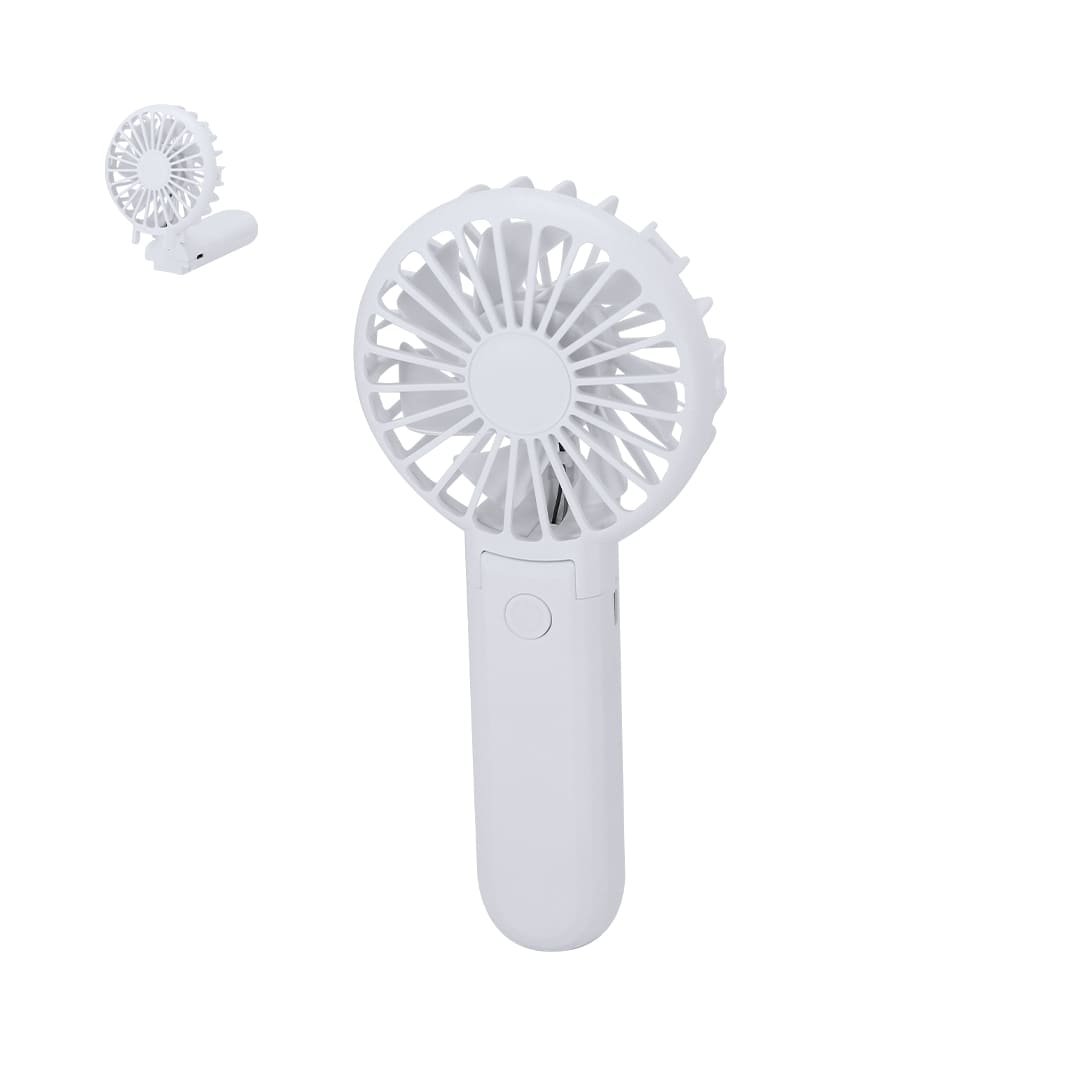A white portable fan with a round grille and a handle, featuring a small logo on the side. Vaclik Fan - Image 1