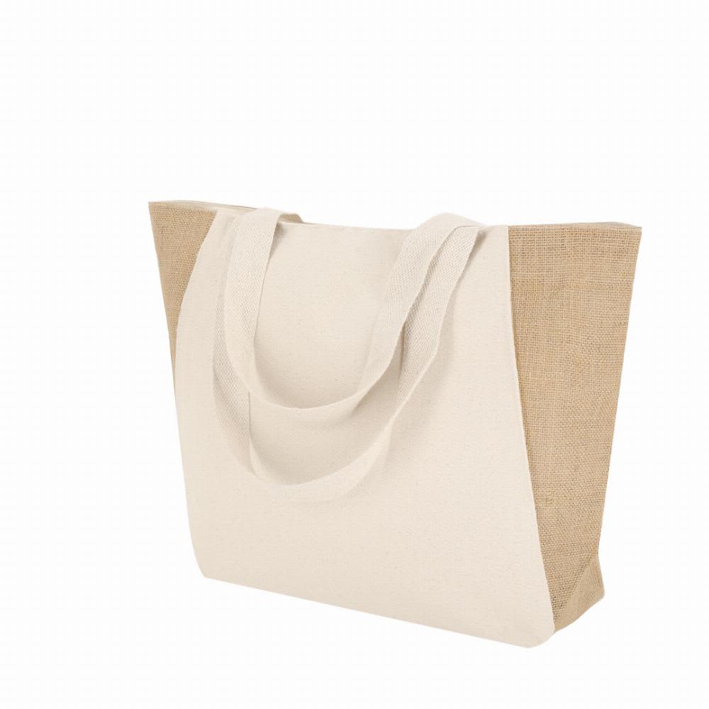 A tote bag featuring a cream canvas body with a natural jute side, equipped with sturdy handles. Sharma - Image 1