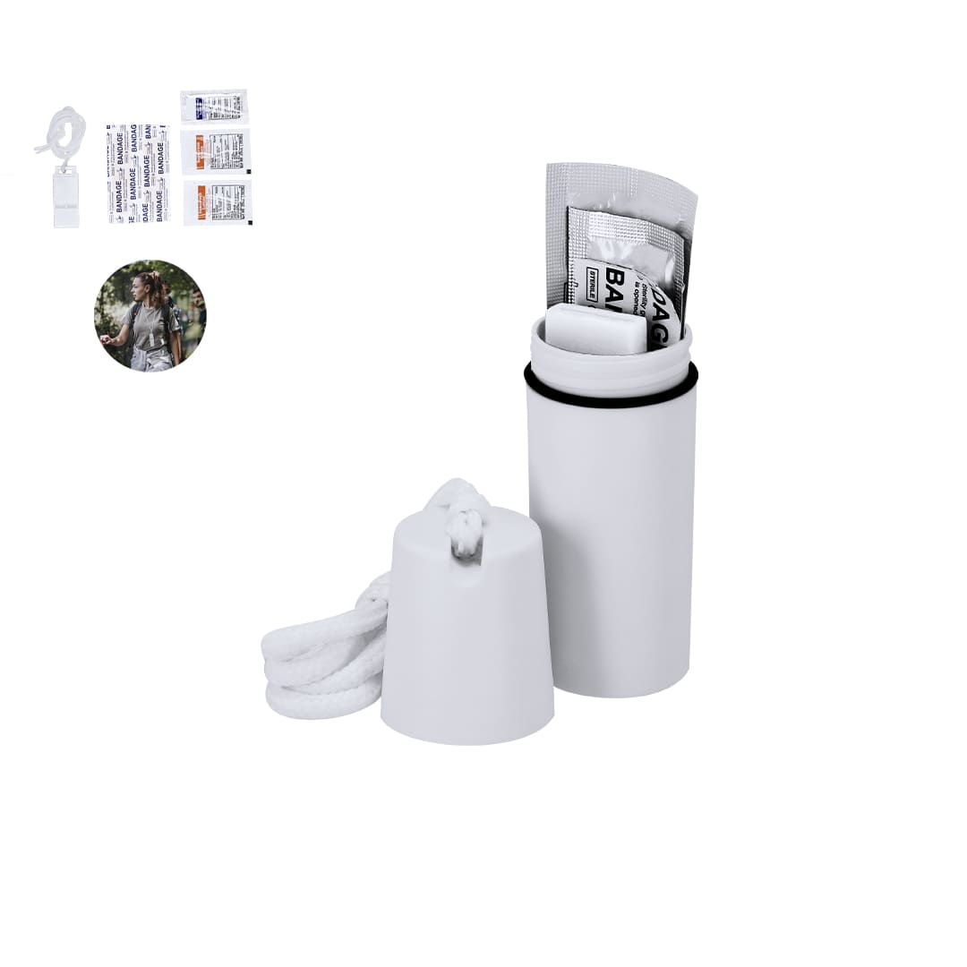 A white hiking kit container with a pull cord, containing assorted health supplements. Includes a logo on the lid. Gemmel Hiking Kit - Image 1