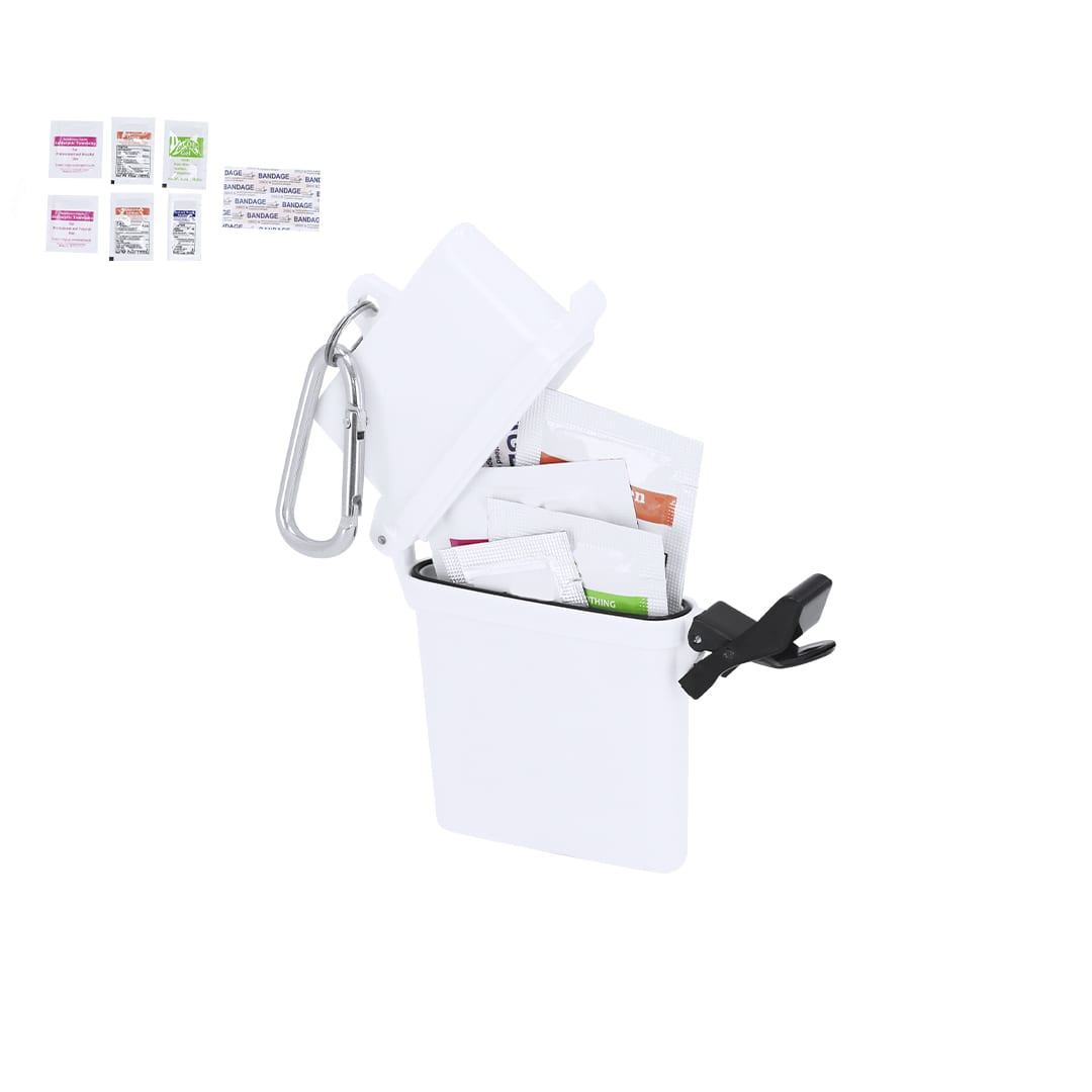 A white storage container filled with assorted packets, featuring a carabiner and clamping mechanism. Dambury Beach Kit - Image 1