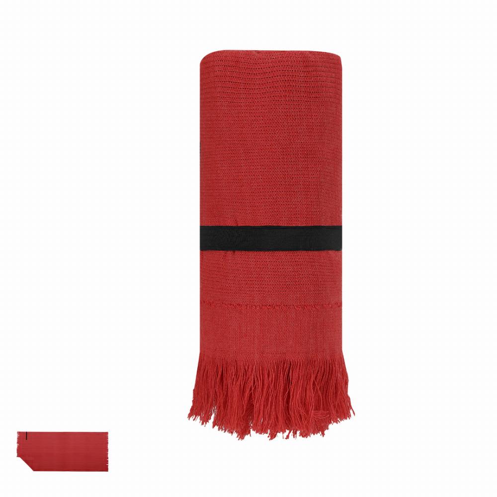 A red beach towel with a black strap and tasselled edges, neatly rolled and displayed vertically. Brisly - Image 1