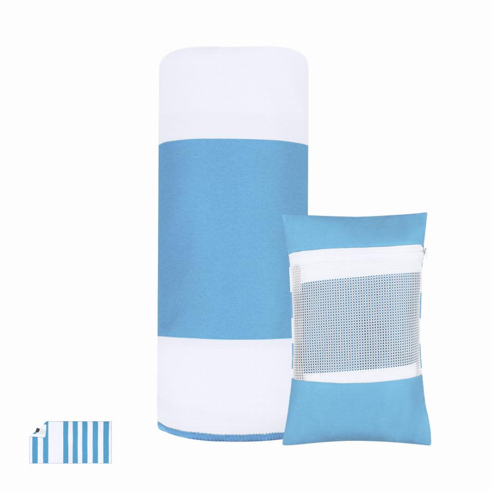 A blue and white striped beach towel and matching zippered pouch featuring a mesh pocket. Both products have a logo. Jeffrey - Image 1