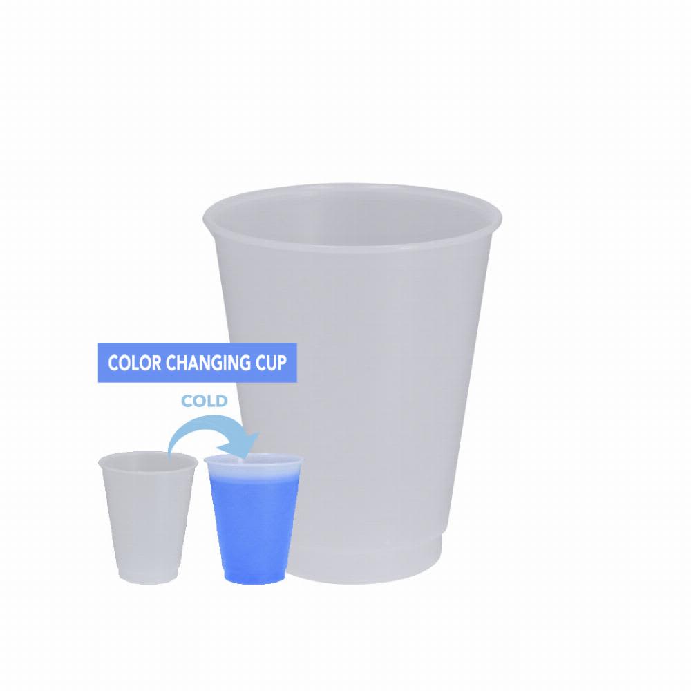 A colour-changing cup in a translucent white hue, with a blue shade indicating cold temperature. It features a branding logo. Yanin - Image 1