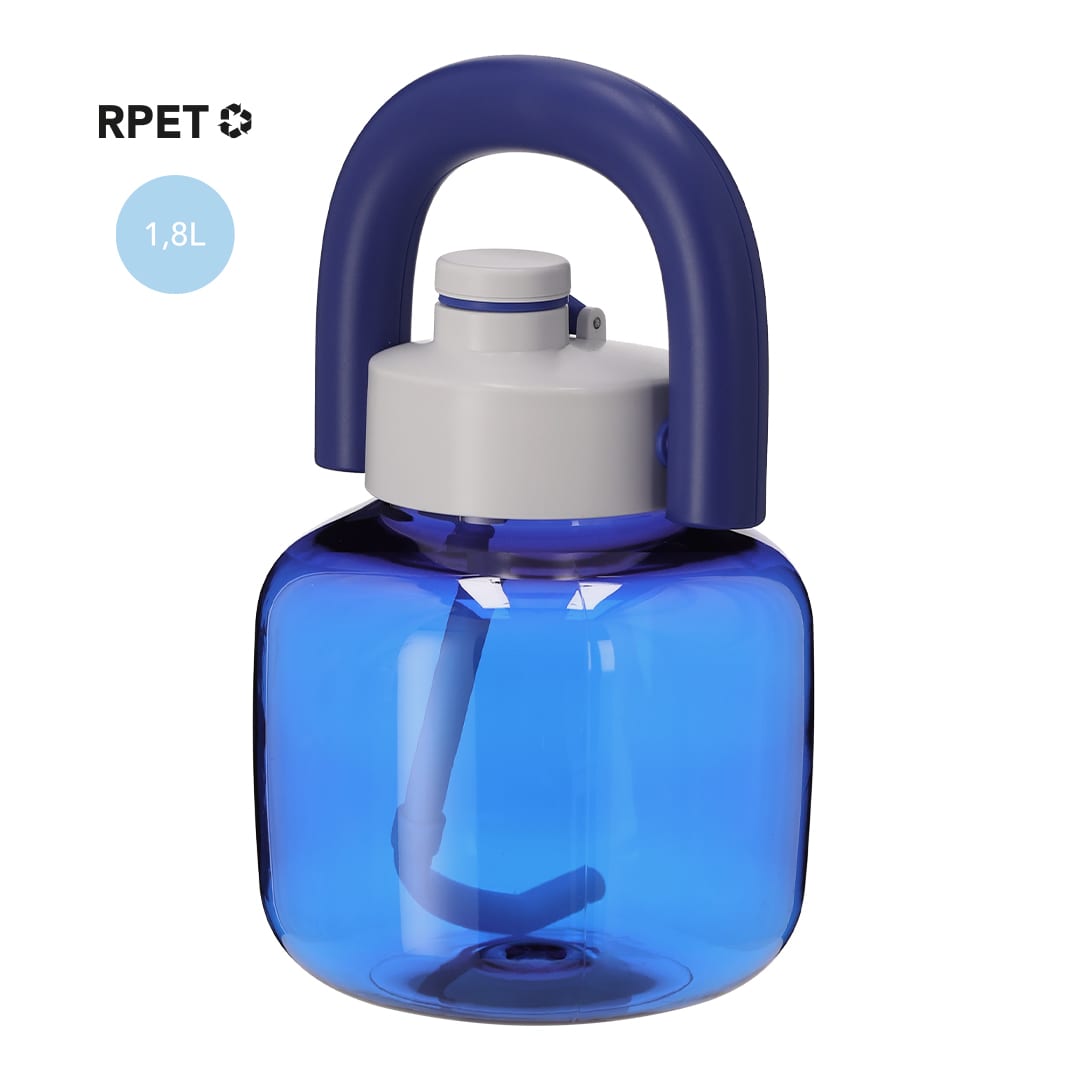A drink bottle in a vibrant blue colour with a white cap and a blue handle. It features a logo. Heiza Bottle - Image 1