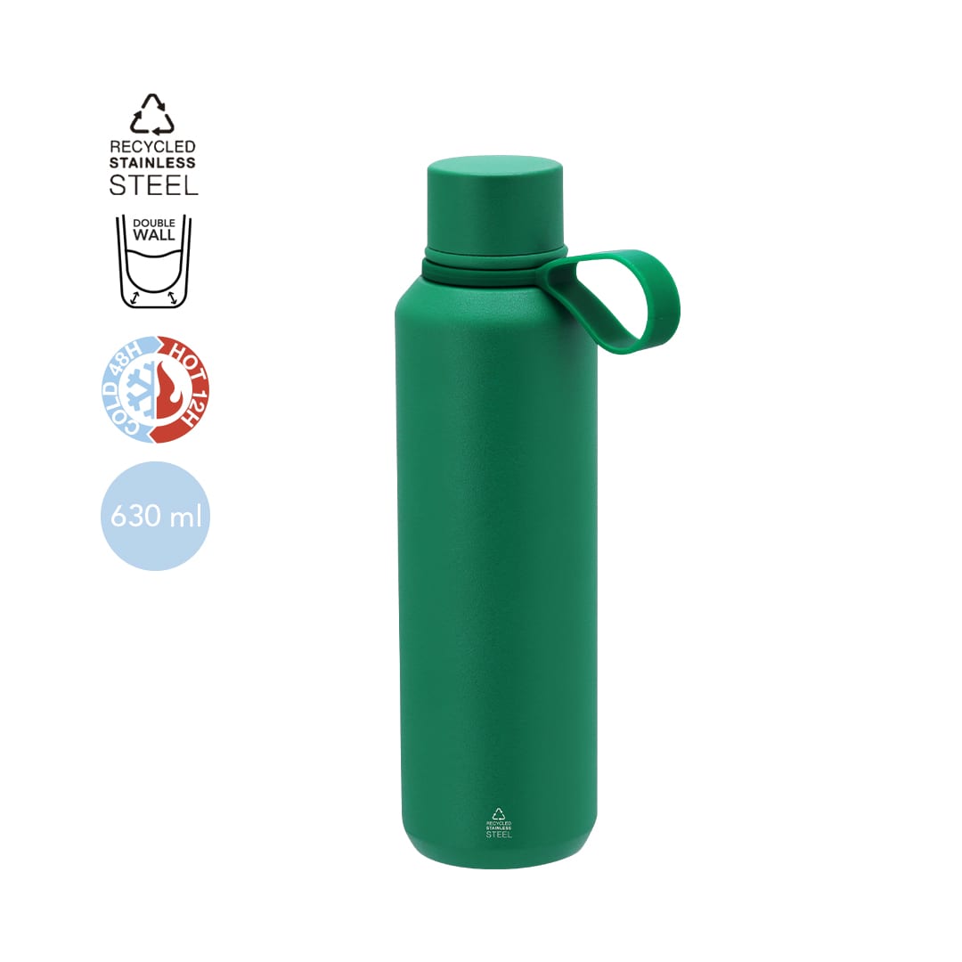 A green insulated drink bottle made from recycled stainless steel, featuring a silicone grip and a logo. Yomar Insulated Bottle - Image 1