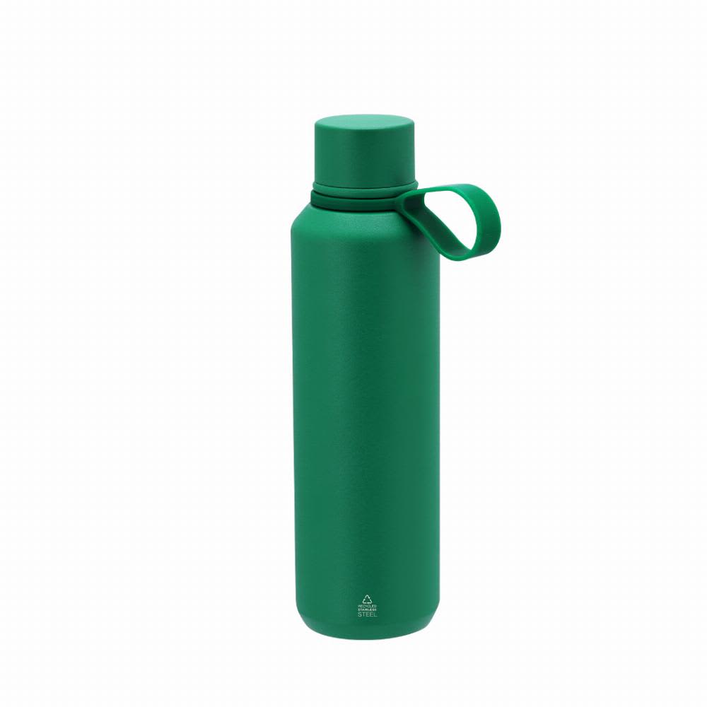 A drink bottle in a vibrant green colour with a screw-on lid and a looped handle. It features a simple branding logo. Yomar - Image 1