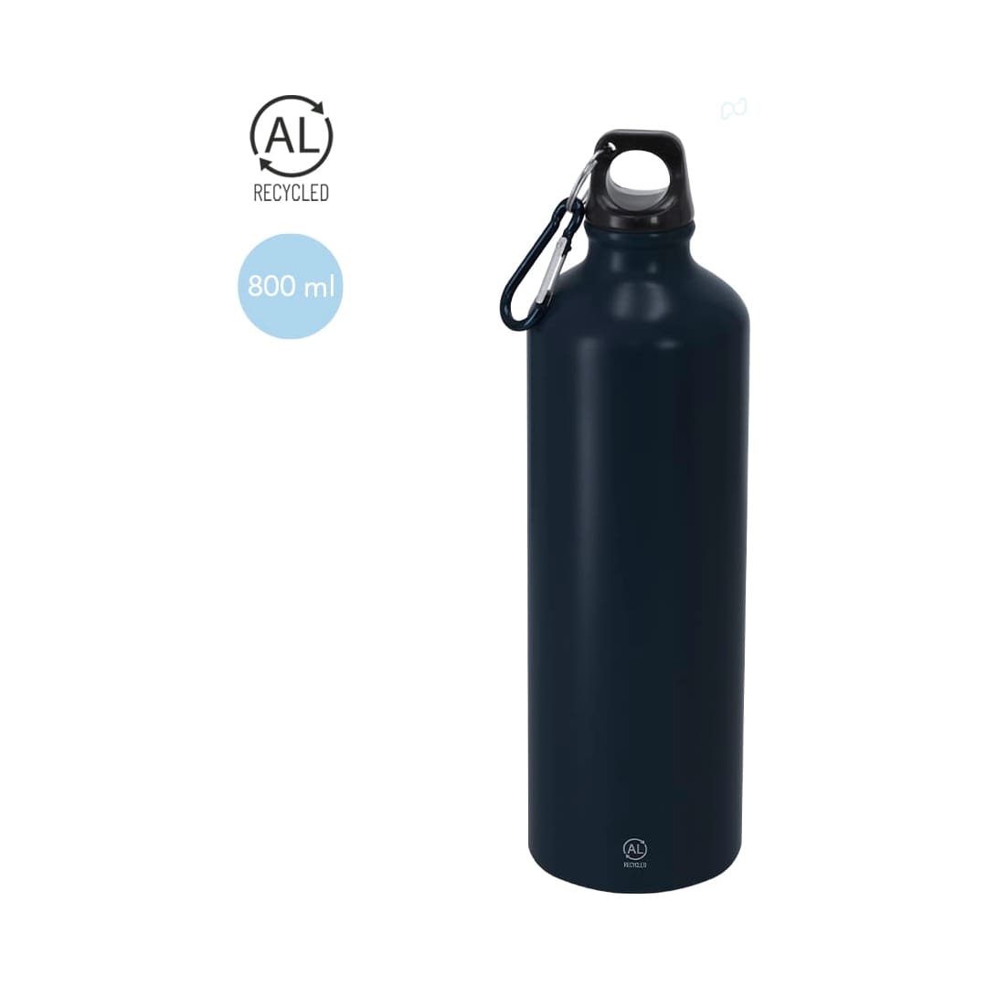 A drink bottle in navy blue with a carabiner clip, featuring a logo and a capacity of 800 ml. Glaxon Bottle - Image 1