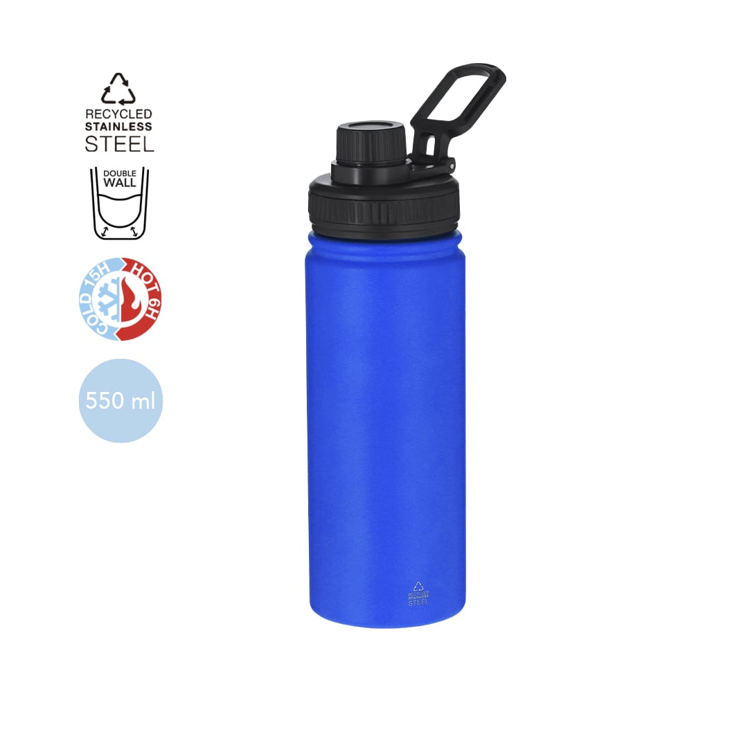 A blue insulated drink bottle made of recycled stainless steel with a black lid and a carry handle. Felmar Insulated Bottle - Image 1