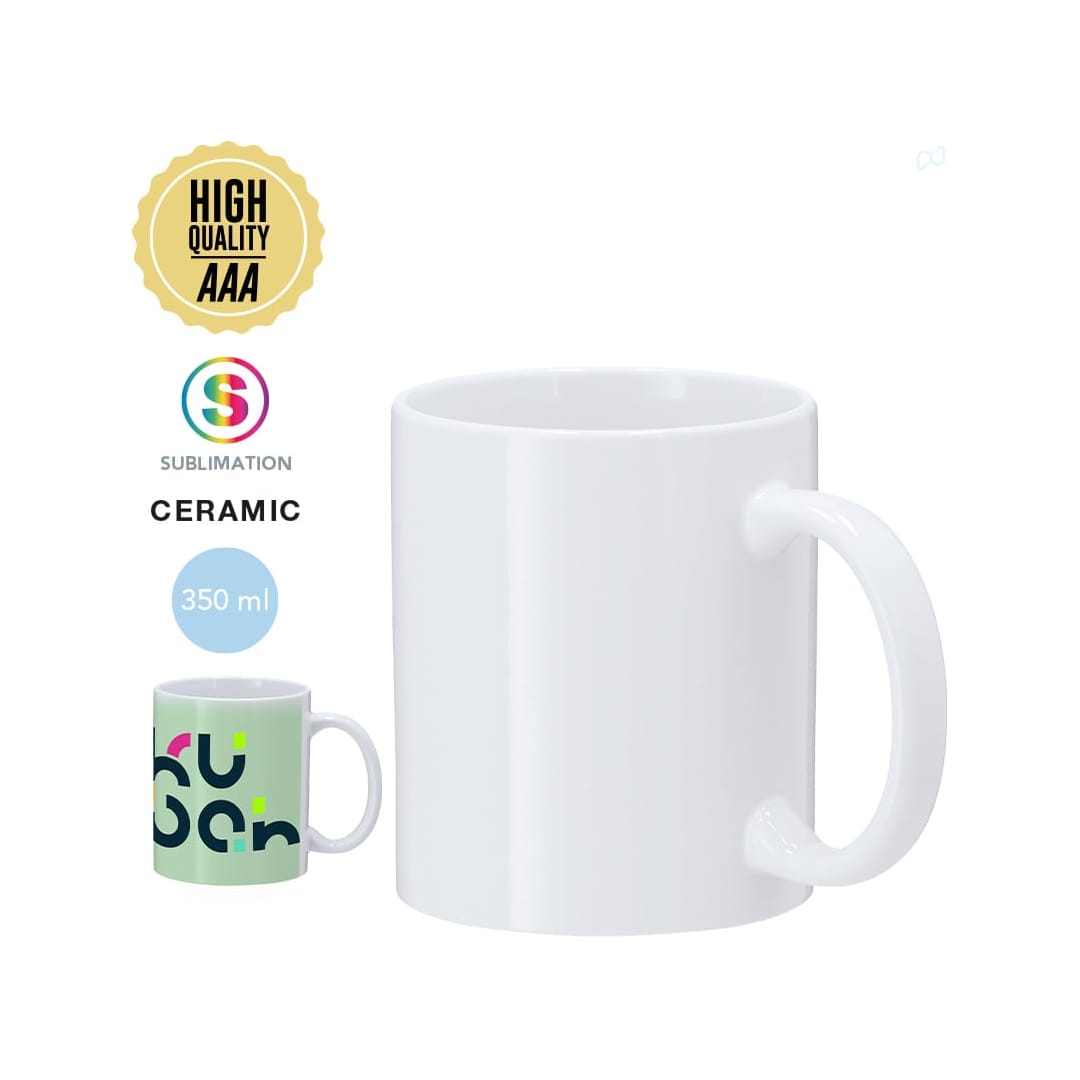 A white ceramic coffee mug with a handle, featuring a smaller design displayed to the side. Capacity of 350 ml. Werdan Sublimation Mug - Image 1