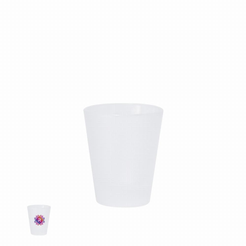 A clear plastic cup with a smooth surface and a logo on it, featuring a vibrant purple and pink design. Nesan - Image 1