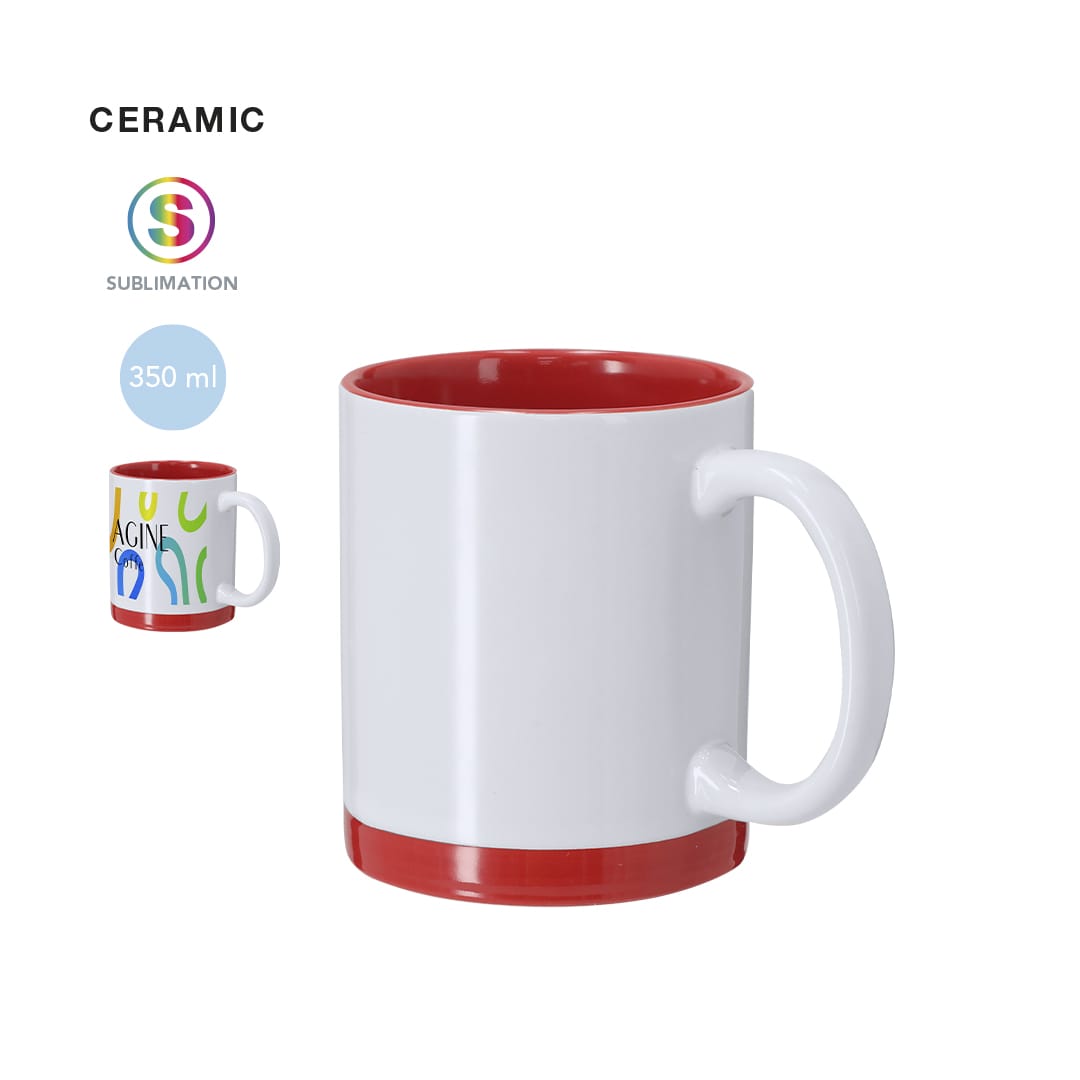 A ceramic coffee mug with a white exterior, red interior, and red base. It has a handle and features sublimation printing. Rayar Sublimation Mug - Image 1