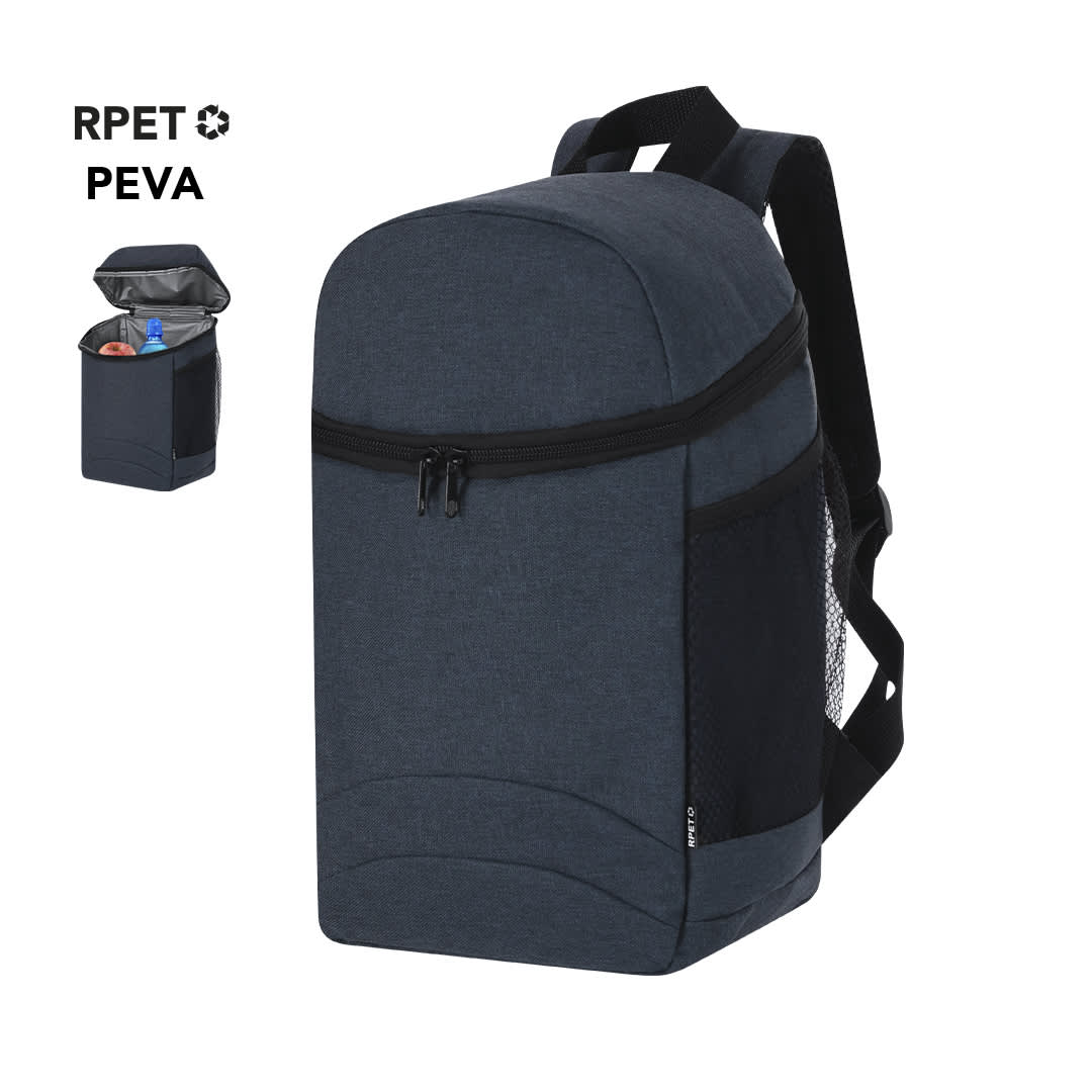 A cool bag backpack in dark blue with a zippered opening and mesh side pocket for added storage. Features a logo. Beroxi Cool Bag Backpack - Image 1