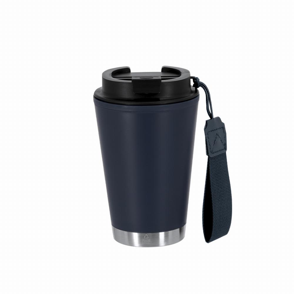 A drink bottle in navy blue with a black lid and a detachable strap, featuring a stainless steel base. Wirten - Image 1