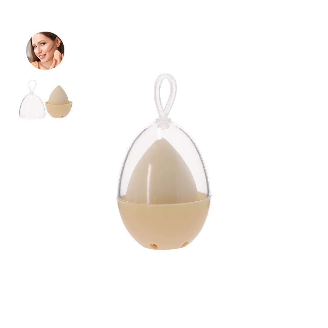 A beauty blender in a clear protective case, featuring a beige egg-shaped applicator. Yourix Beauty Blender - Image 1
