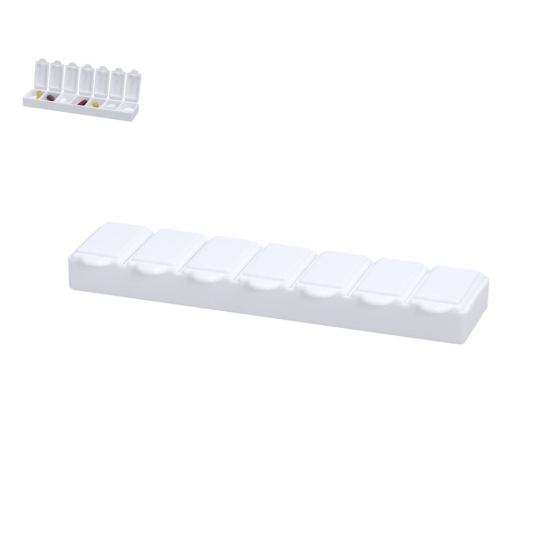 A white pillbox with multiple compartments for organising medication, featuring a separate smaller pill holder. Keyon Pillbox - Image 1