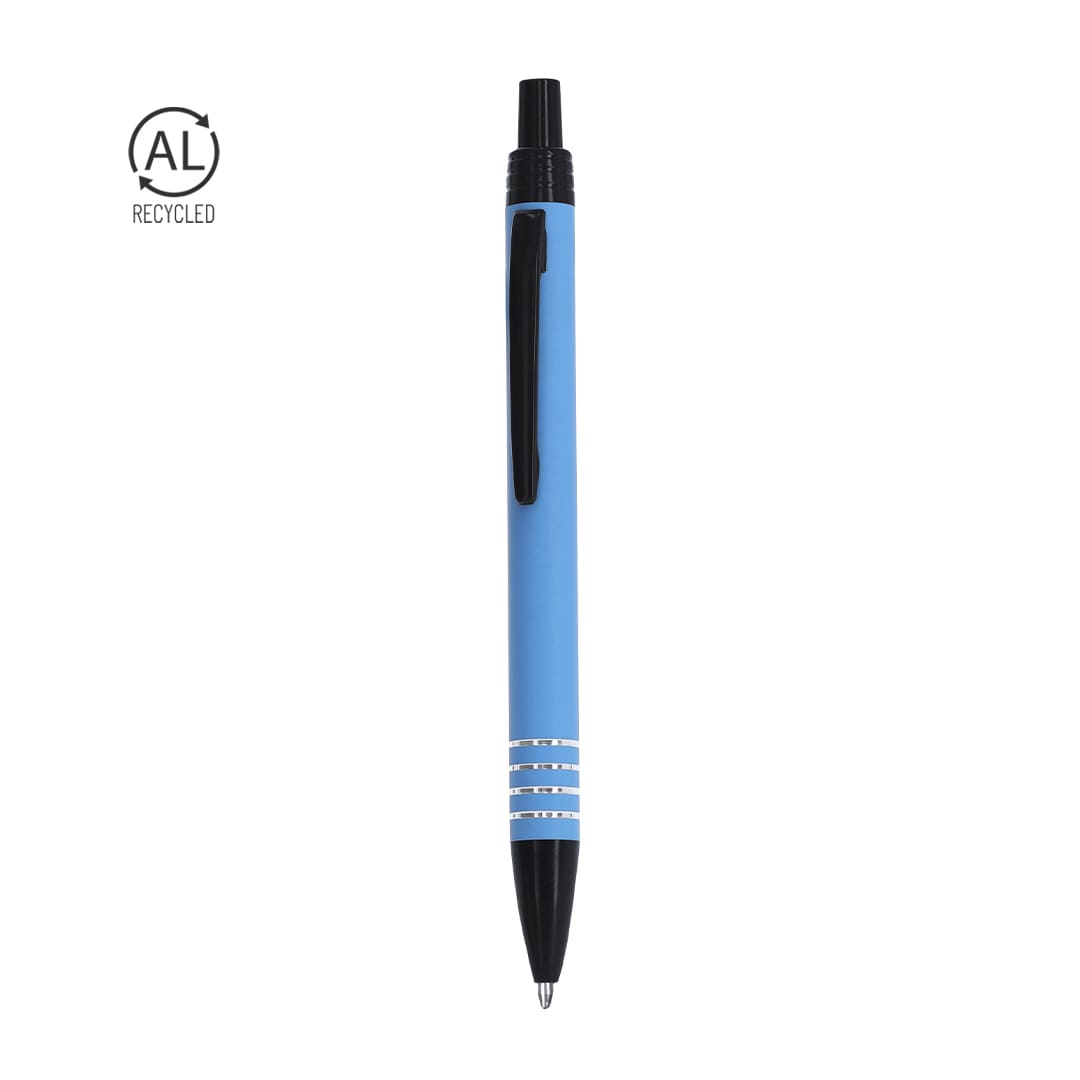 A blue metal pen with a black clip and tip, featuring a logo and a recycled materials indicator. Blean Pen - Image 1