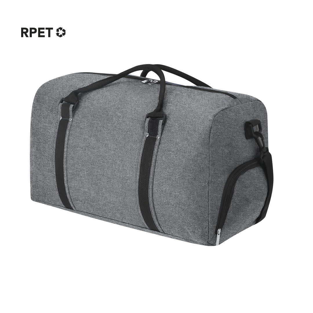A grey duffle bag with black straps and a side zip pocket, featuring a logo. Gleor Bag - Image 1
