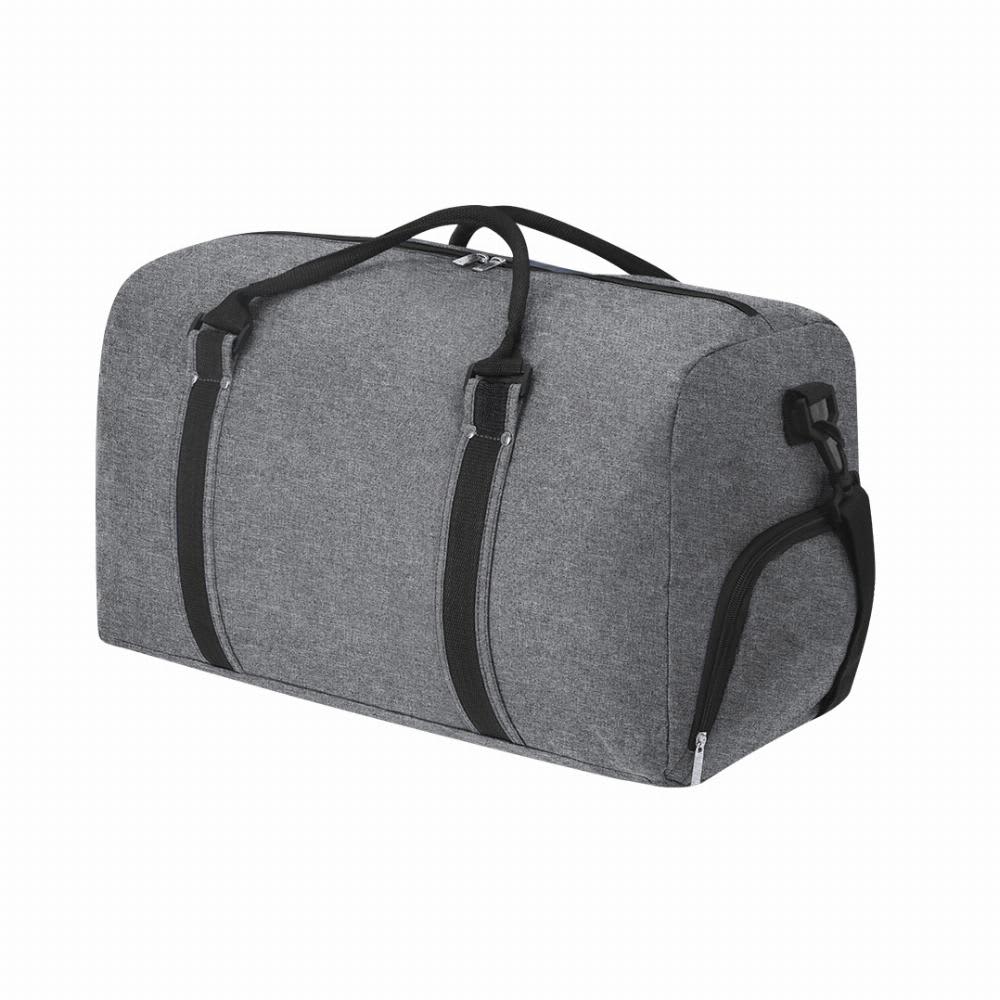 A duffel bag in grey fabric with black straps and a side zipper pocket. It has a sturdy design for easy carrying. Gleor - Image 1