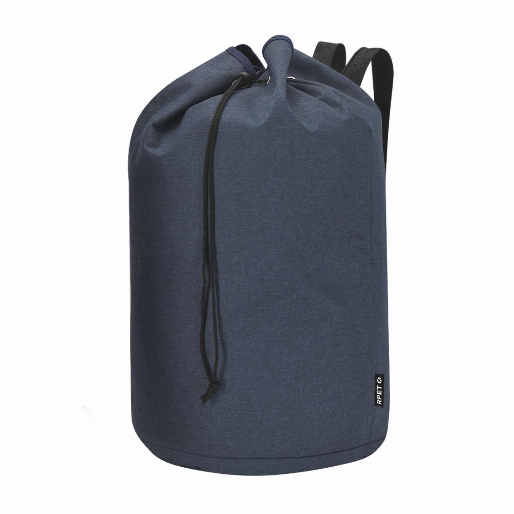 A drink bottle with a dark navy blue fabric exterior and a drawstring closure, featuring shoulder straps and a logo. Mubar - Image 1