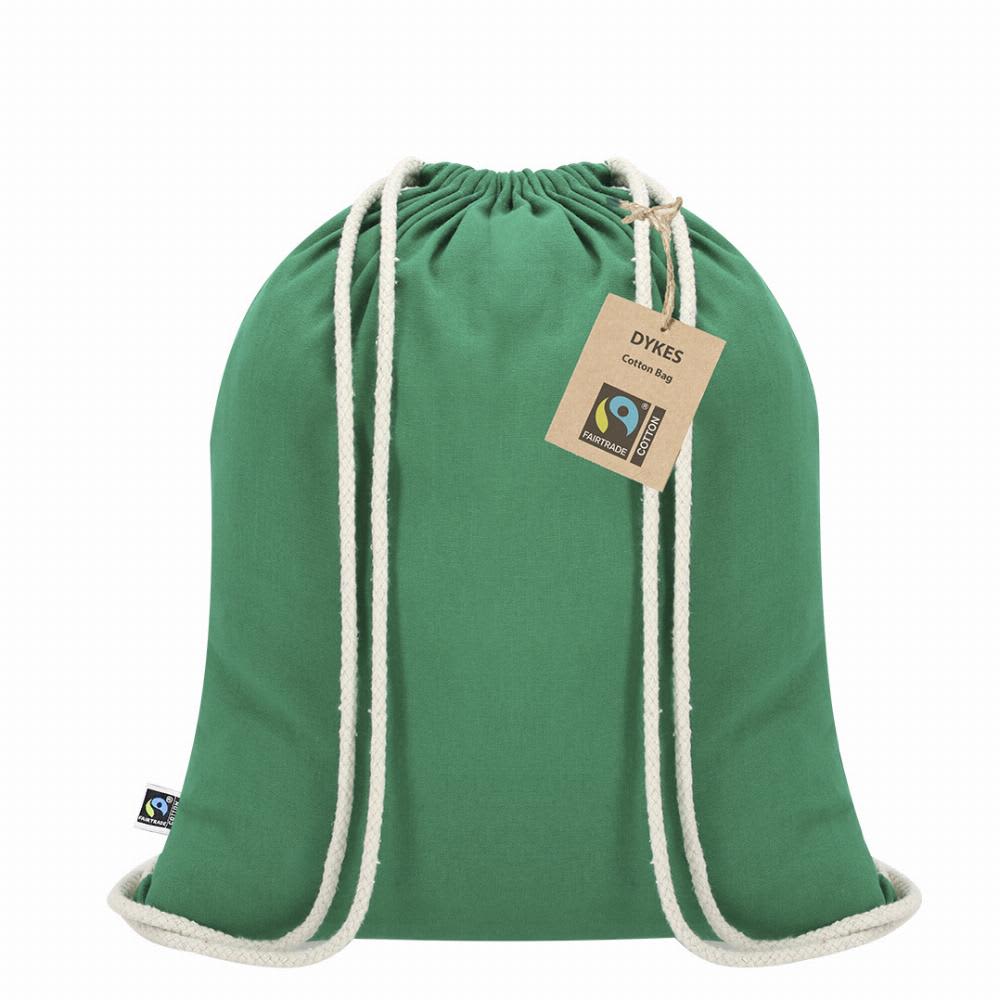 A green drawstring cotton bag with two white ropes and a brand tag attached. Dykes Fairtrade - Image 1