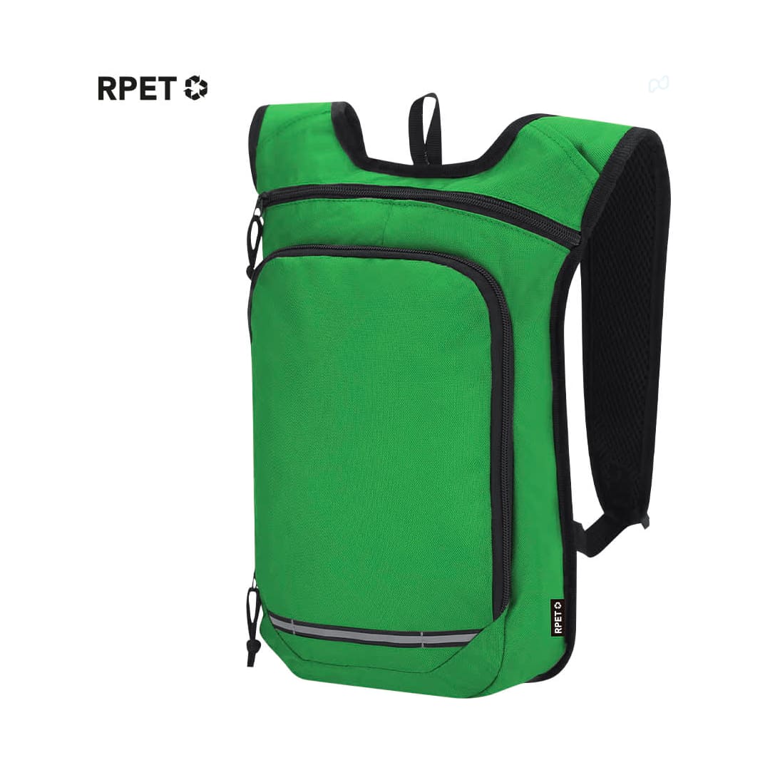 A green backpack with a sleek design, featuring a single main compartment, zippers, and a branding logo. Rinix Backpack - Image 1