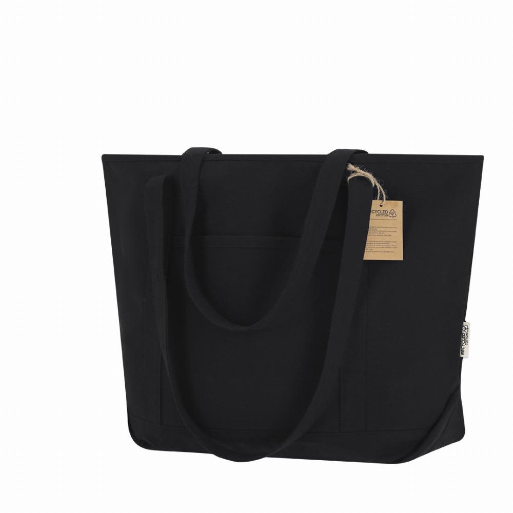 A black tote bag with two handles and a tag attached. The bag features a simple, unembellished design. Mulon - Image 1