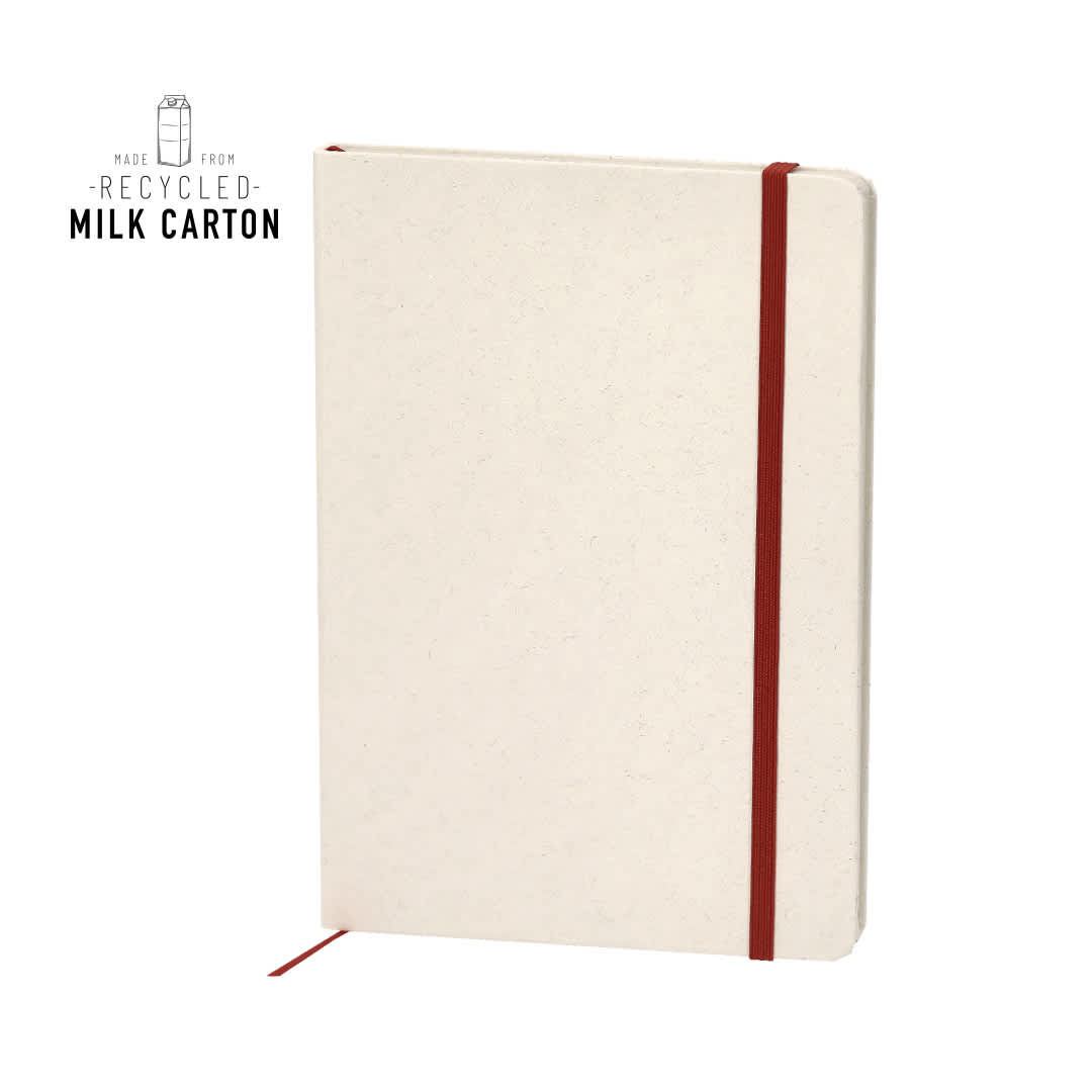 A notepad with a cream cover and a red elastic band, made from recycled materials, featuring a logo. Kejar Notepad - Image 1