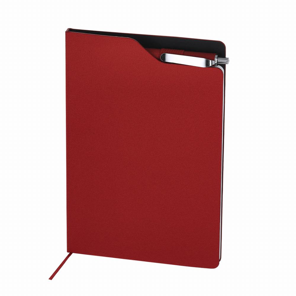 A red folder with a black edge, featuring a pen loop and a ribbon bookmark. It has a sleek, textured finish. Nuron - Image 1