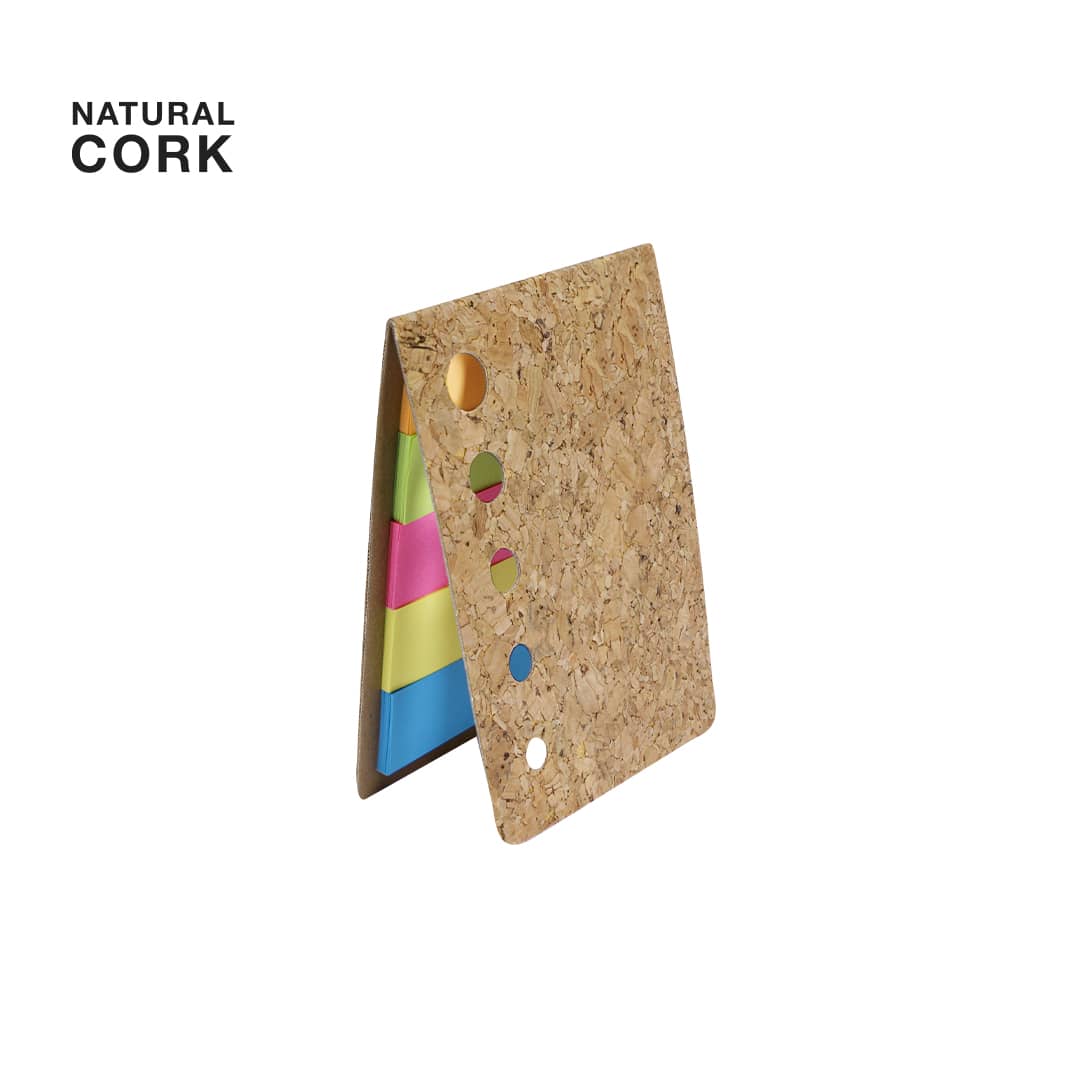 A sticky notepad with a natural cork cover in shades of pink, yellow, and blue. Features a logo. Bretor Sticky Notepad - Image 1