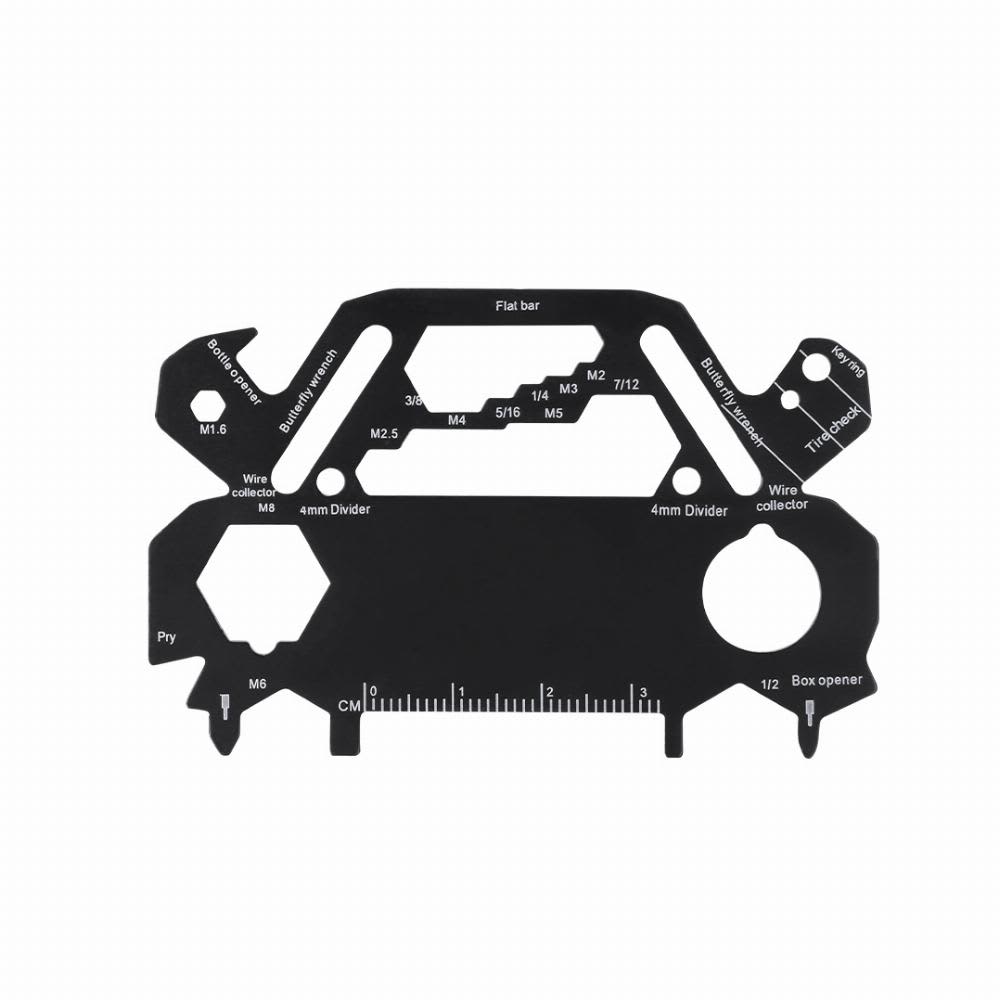 A multi-tool card in black featuring various measurement markings and cutouts for different functions. Borex - Image 1
