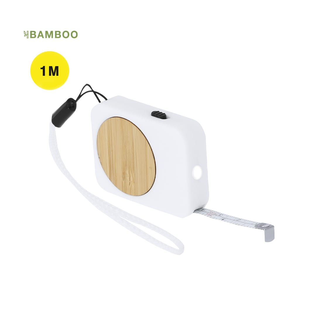 A white tape measure featuring a bamboo panel, with a 1m retractable measuring tape. Includes a wrist strap. Neuver 1m Tape Measure - Image 1