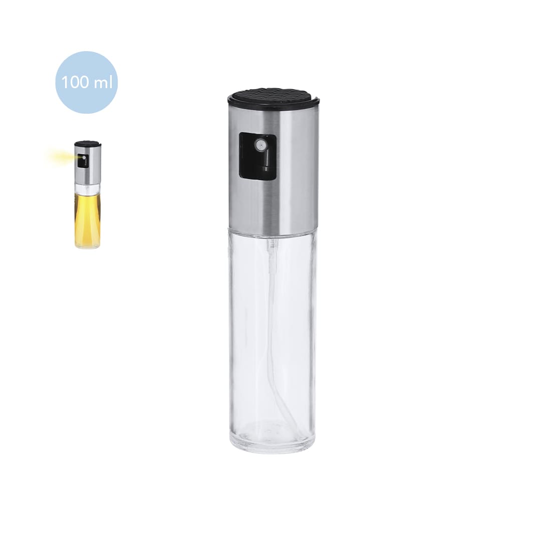 A clear oil sprayer with a silver top, featuring a transparent body and a capacity of 100 ml. It has a logo on the cap. Clotar Oil Sprayer - Image 1
