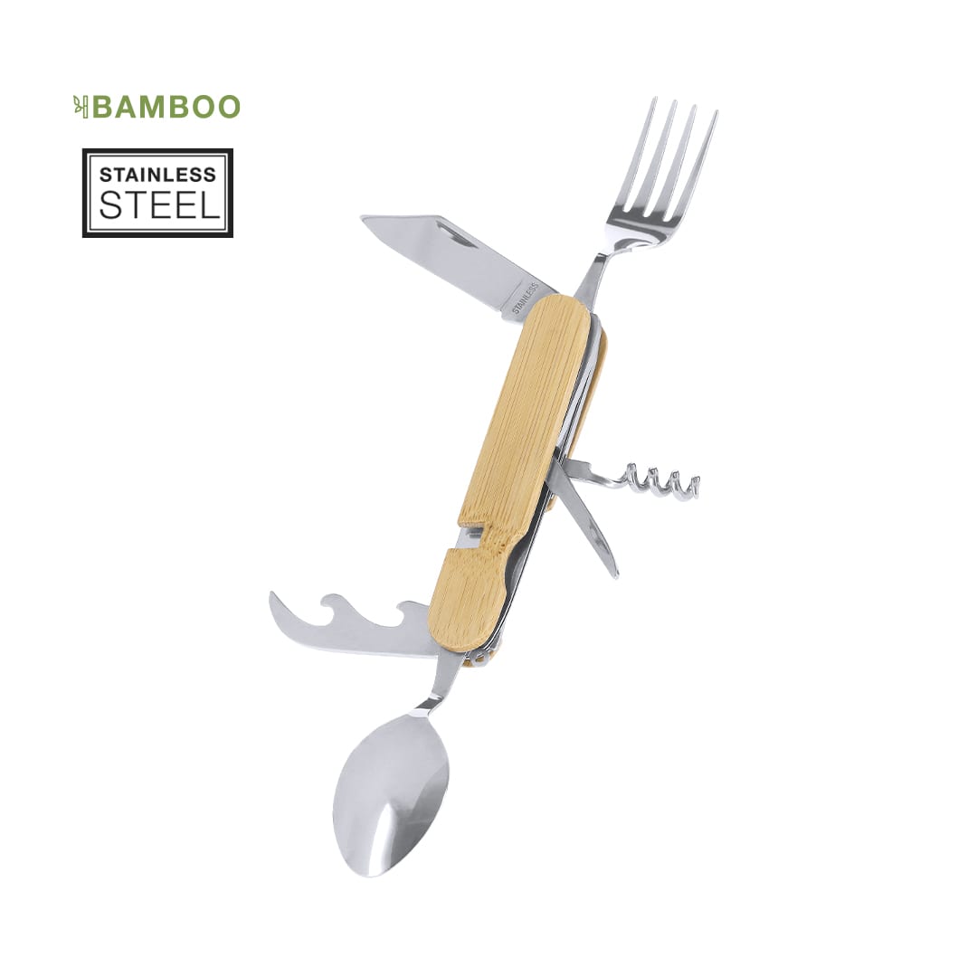A multi-tool cutlery set featuring stainless steel utensils and a bamboo handle, including a fork, knife, spoon, and corkscrew. Vintar Cutlery Set - Image 1