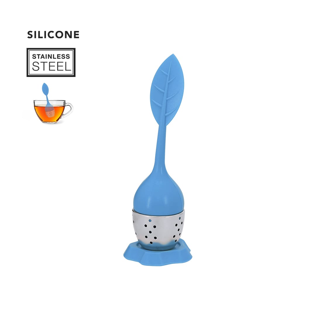 A tea infuser with a blue silicone leaf handle and a stainless steel infuser ball, sitting on a matching base. Ponar Infuser - Image 1