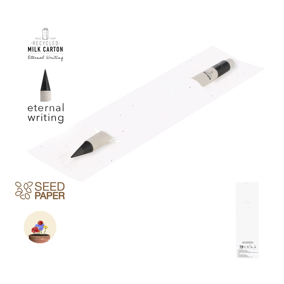 A grey-lead pencil with a black tip, resting on a white surface. The packaging features a logo and design elements. Stauton Eternal Pencil - Image 1