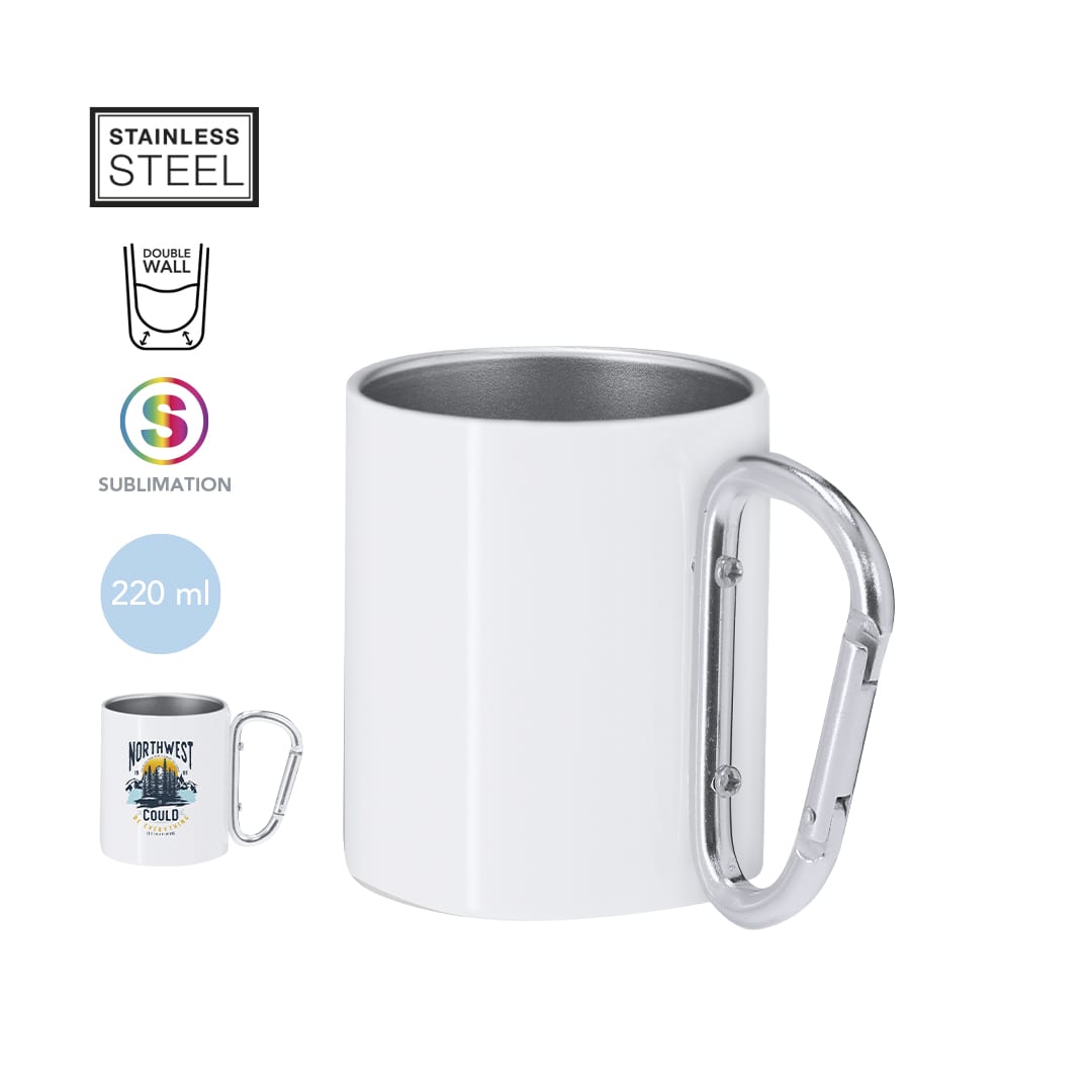 A stainless steel sublimation mug with a white exterior and a carabiner handle, holding 220 ml. Beesbur Sublimation Mug - Image 1