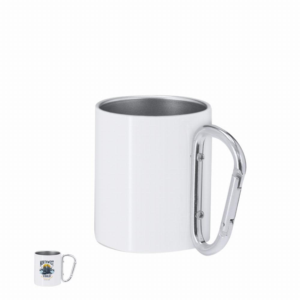 A white mug with a silver carabiner attached, featuring a metallic interior. The mug has a logo on one side. Beesbur - Image 1