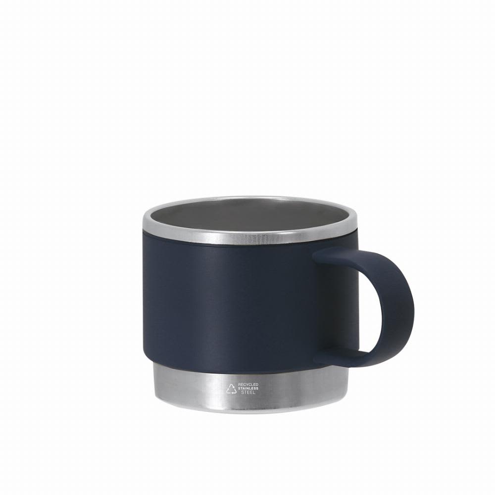 A drink bottle featuring a navy blue exterior with a stainless steel base and a handle. It includes a logo. Blakent - Image 1