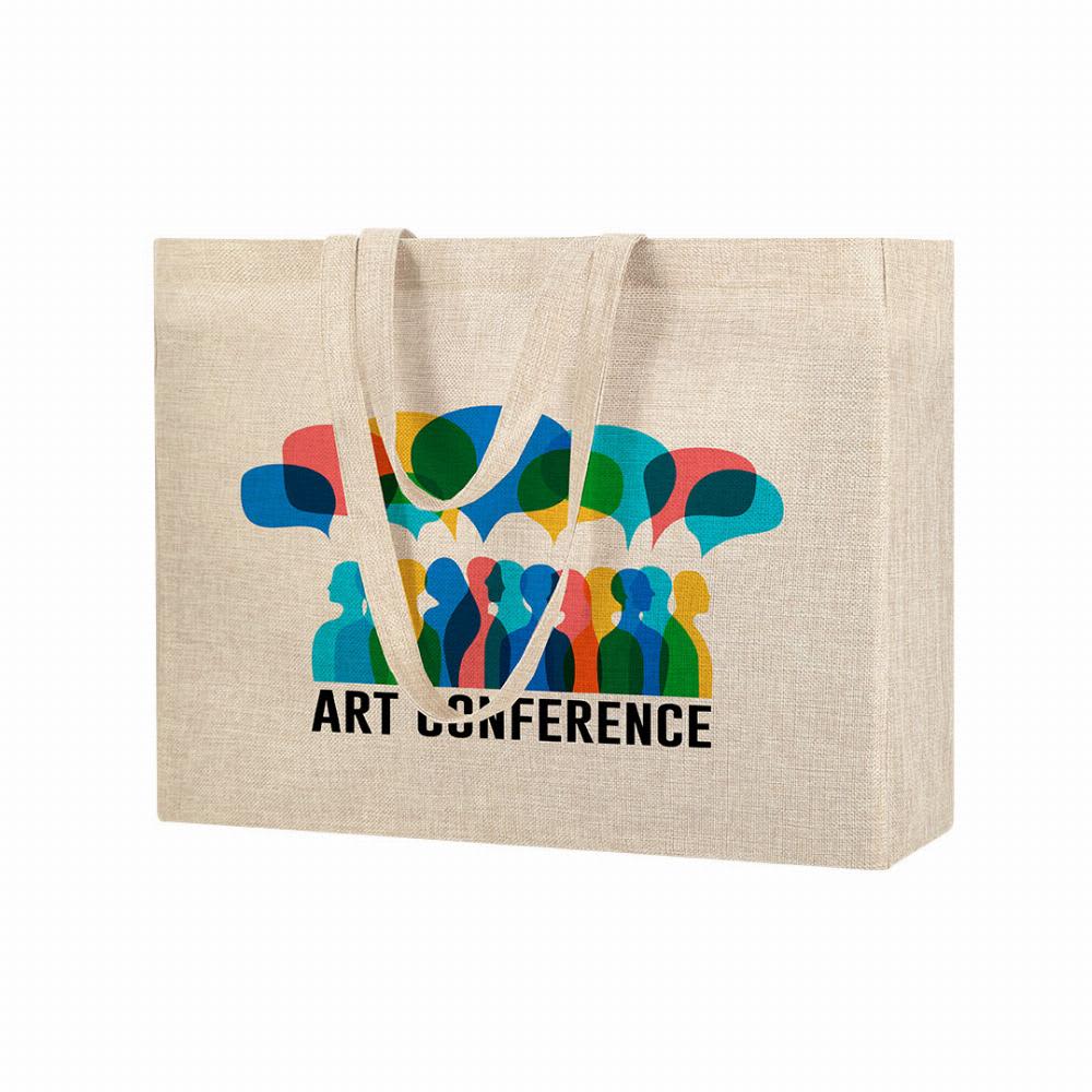 A tote bag featuring a colourful design of speech bubbles and silhouettes against a light beige background. Syla - Image 1