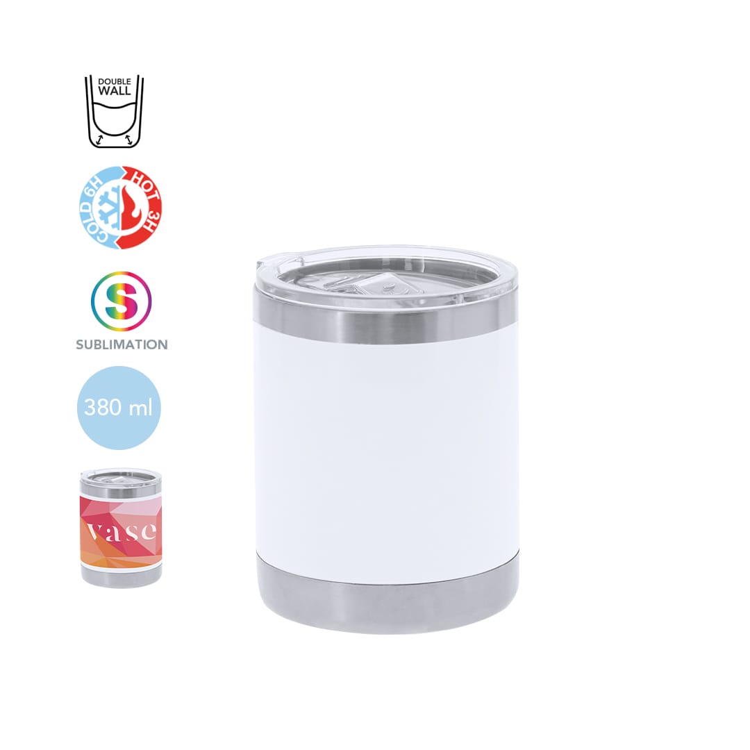 A drink bottle featuring a double-wall design, silver trim, and a white exterior, with a clear lid. Holds 380 ml. Teyana Sublimation Insulated Cup - Image 1
