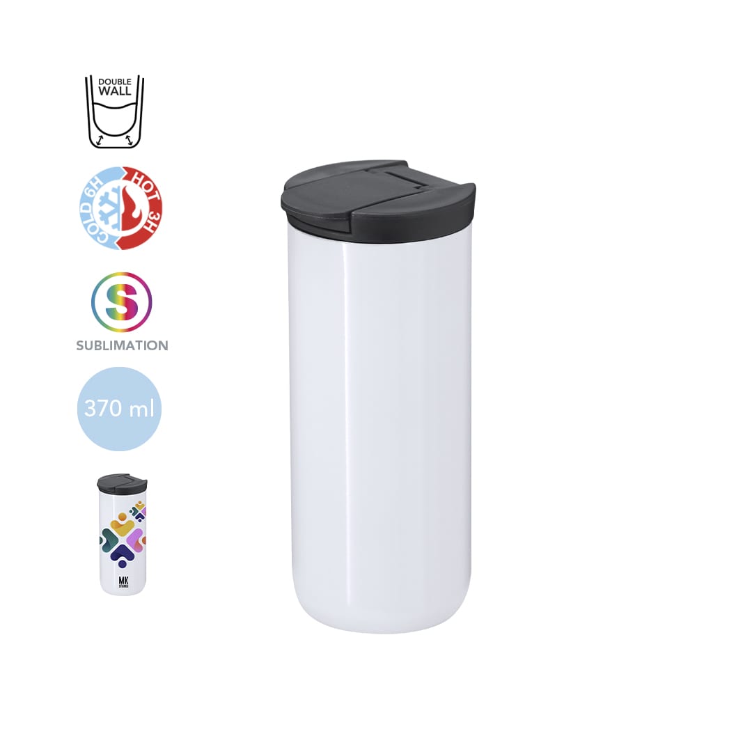 A drink bottle with a black lid, featuring a double wall design and a white exterior, capacity of 370 ml. Lyrena Sublimation Insulated Cup - Image 1