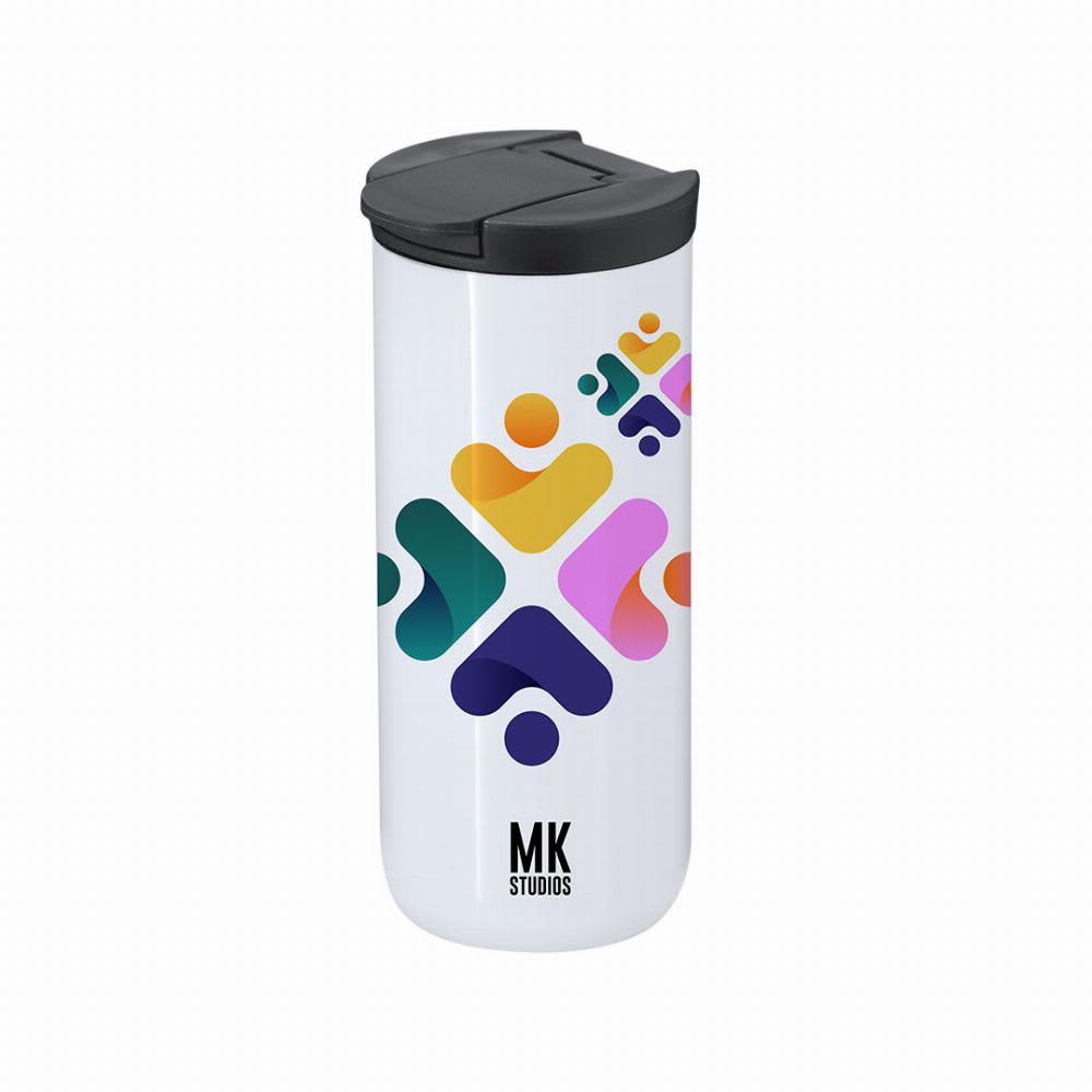 A drink bottle in white featuring a colourful abstract design and a black lid, with a logo at the bottom. Lyrena - Image 1