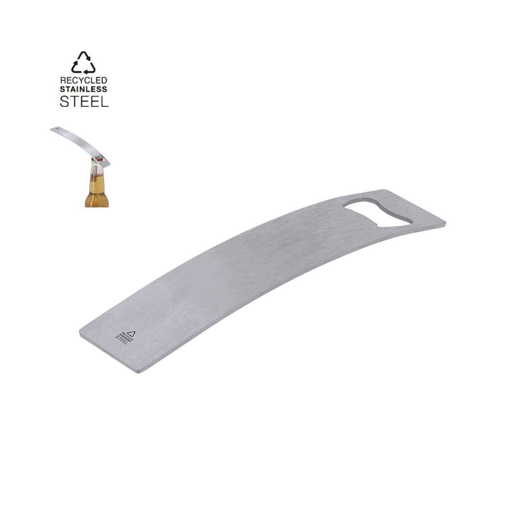 A drink bottle opener made of recycled stainless steel with a sleek, curved design and a logo. Azaria Opener - Image 1