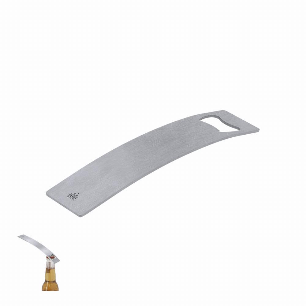 A bottle opener with a sleek stainless steel design, featuring a curved shape and a cut-out for opening caps. Azaria - Image 1