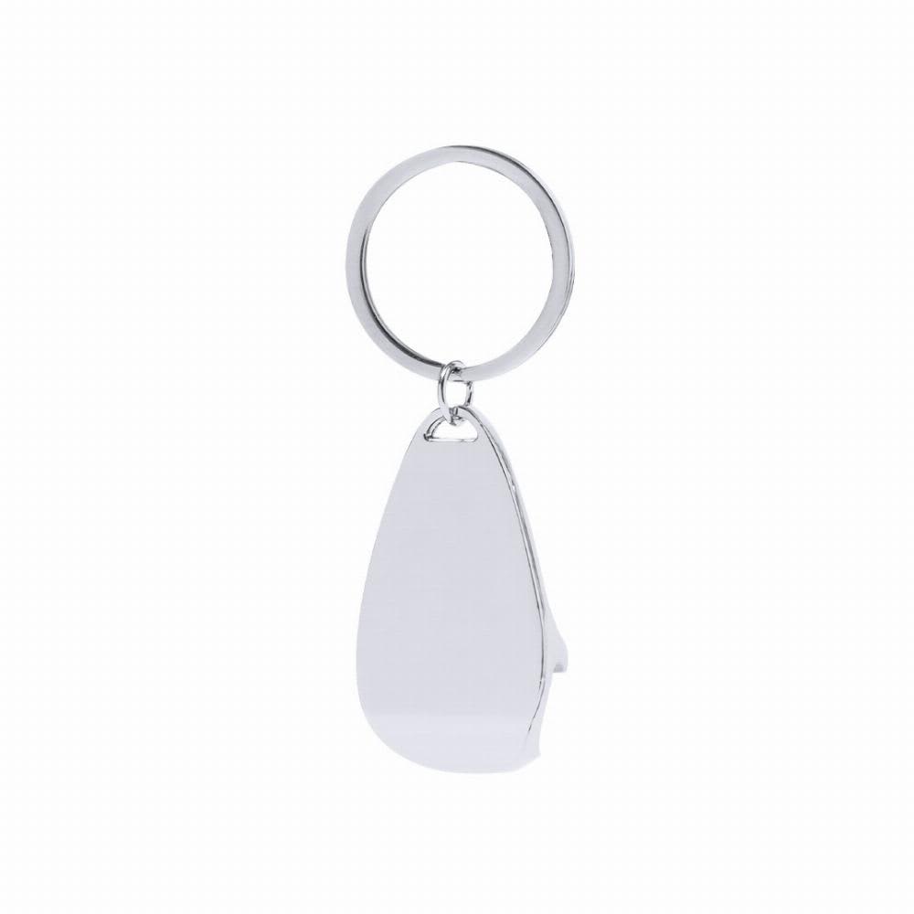 A keyring featuring a silver metal design with a teardrop shape and a circular attachment. Myren - Image 1