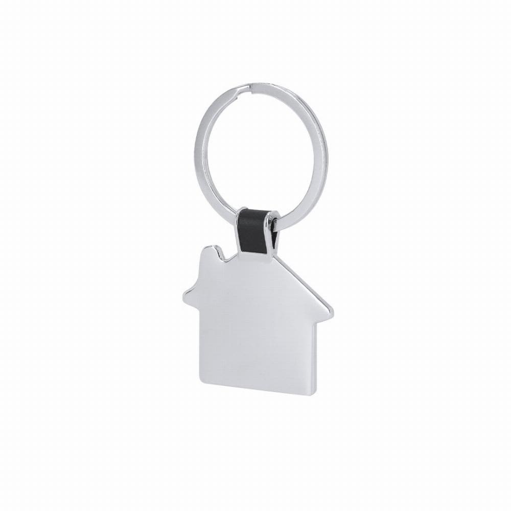 A keyring in the shape of a house, featuring a shiny silver finish and a black accent. Nyrella - Image 1